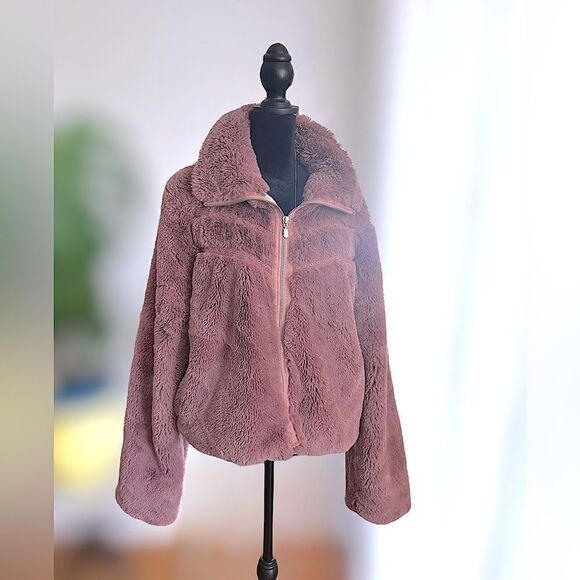 Anthropologie Faux Fur Jacket Teddy Bomber Chevron Detail Size L - Picture 5 of 16